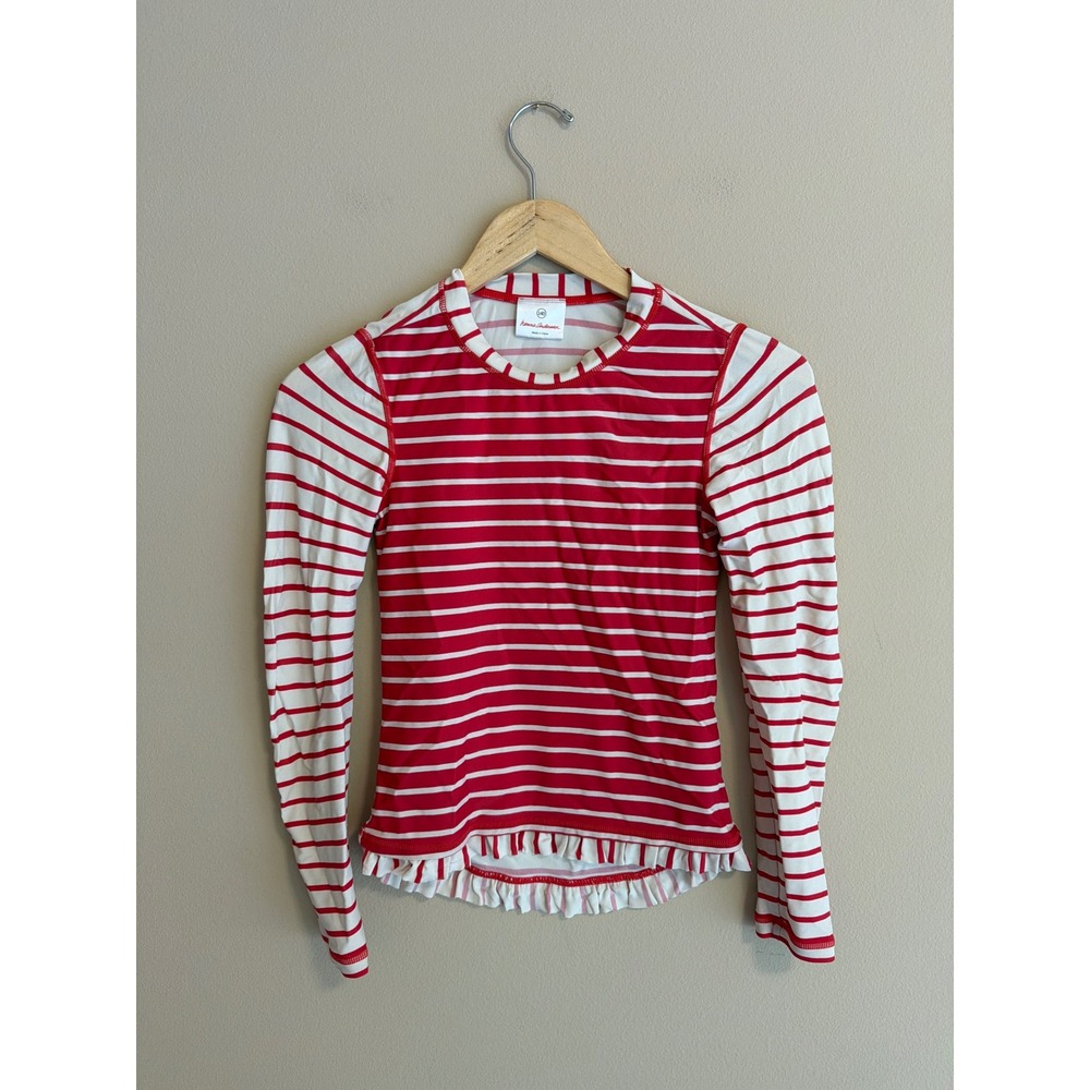 Hanna Andersson Girls Red White Striped Ruffle Rash Guard Swim Top Kids 10